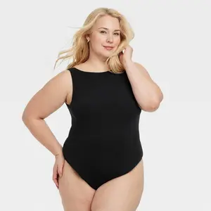 Women's Luxe Stretch Boatneck Thong Bodysuit - Auden Black L: Nylon Spandex Knit, Cotton Gusset, Pullover