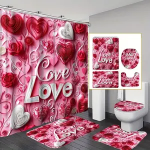 1/4-piece Valentine's Day themed 3D paper roll shower curtain set with red and white heart pattern, includes a non-slip mat, U-shaped rug, and toilet seat cover. Perfect for bathroom decoration and beautifying the space. Comes with 12 shower curtain hooks