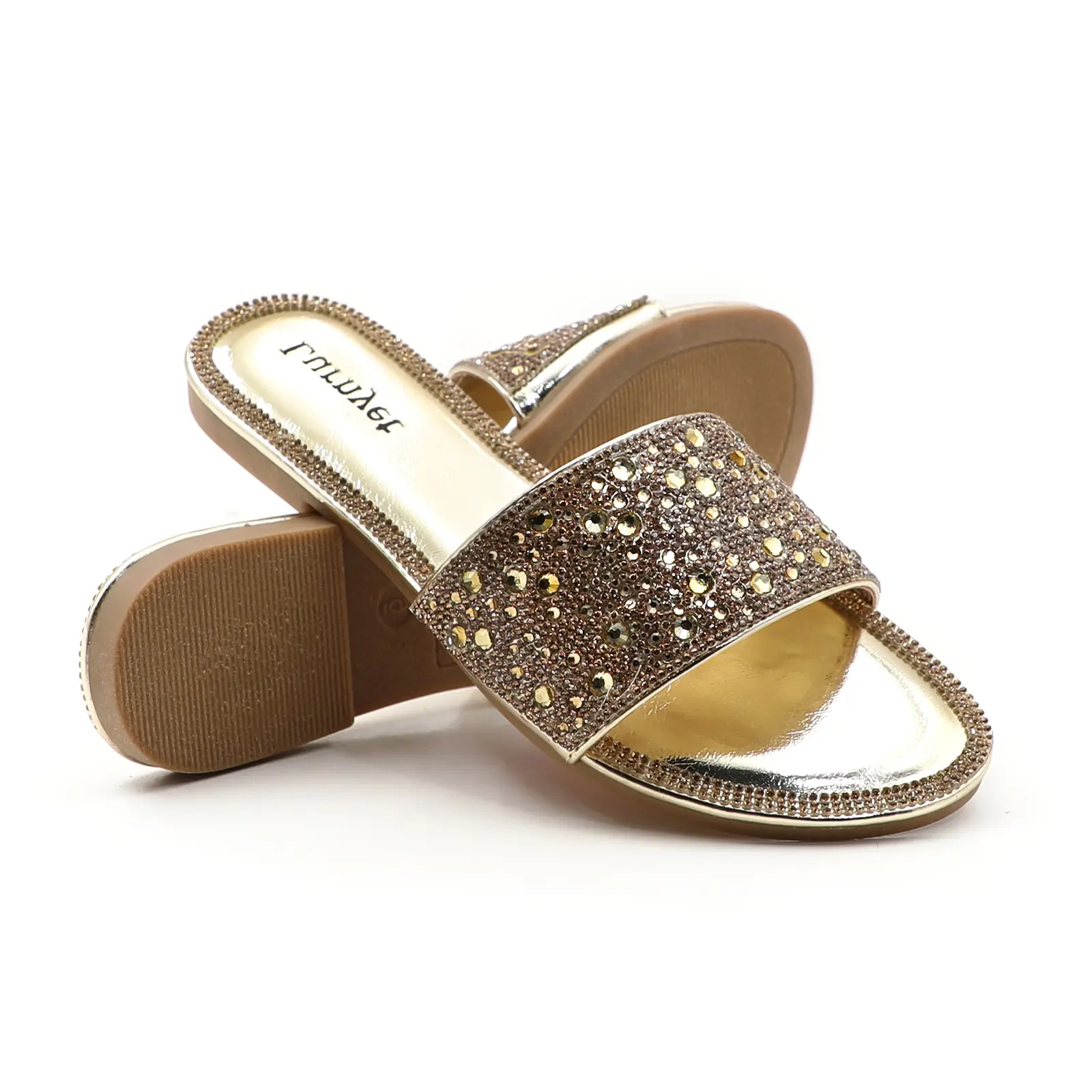 Women's High-Shine Mixed Crystal Rhinestone Flat Slides, Open-Toe Synthetic Slip-On Sports Sandals, Cozy Plush Resistant Footwear for Weddings, Mall Shopping, Rhinestones