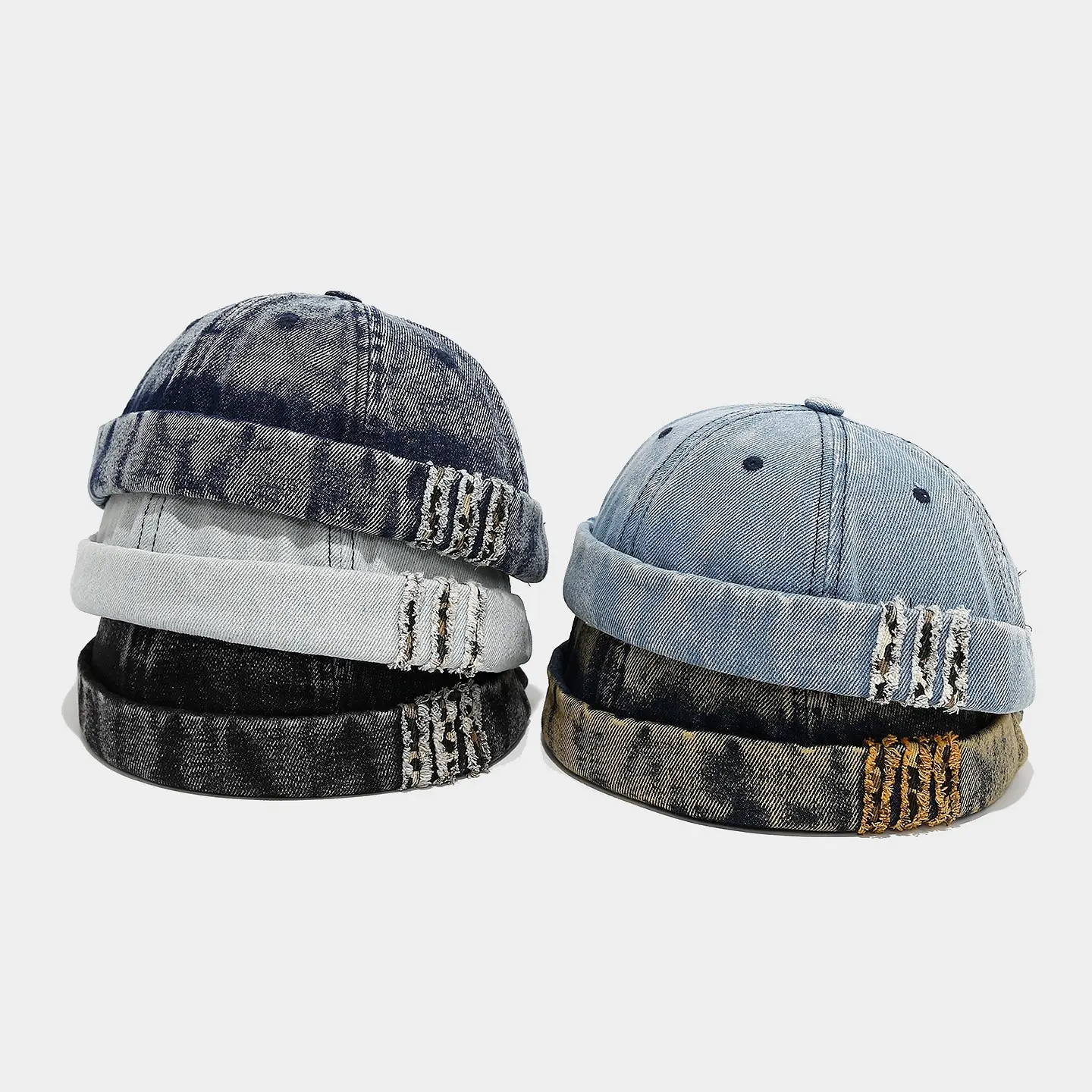 Unisex Vintage Washed Denim Brimless Hat, Adjustable Patchwork Distressed Docker Cap, Casual Sailor Skullcap Beanie, Unisex Adjustable Bucket Hat for Daily Wear, Adjustable Stylish Hat, Vintage Fashion Hat