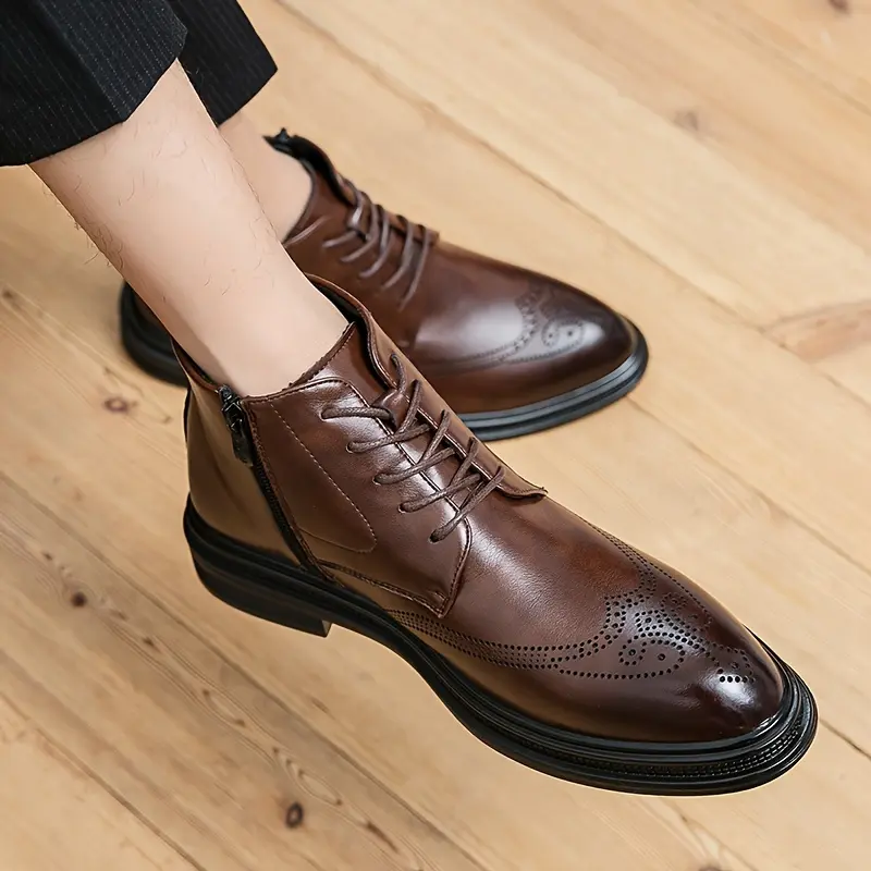 Men's PU Leather Brogue Oxford High-Top Boots - Classic Formal Lace-Up Shoes with Unique Accents, Laces and Rubber Sole