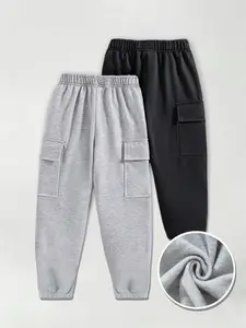 2PCS Teens Side Big Pocket Fleece Jogger Pants For Boys Casual Loose Outdoor Sports Workout Sweatpants Spring Autumn Winter Size 8-16 Years K-B2671