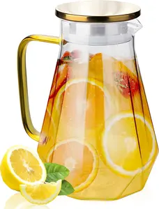 Diamond Glass Pitcher 68 oz, 2 L Glass Water Jug with handle & Gold Lid, Hot & Cold Water Carafe, Hot & Cold Beverage Jug for Juice, Tea, Milk (Transparent) Drinkware
