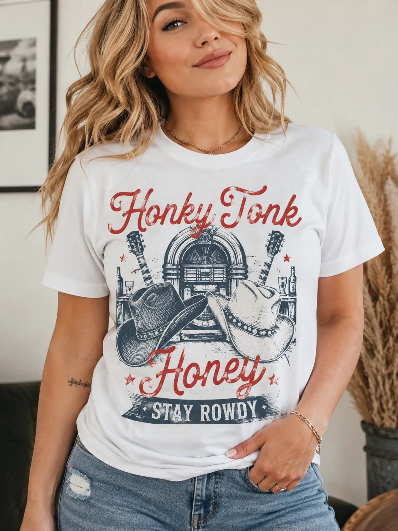 Honky Tonk Honey Stay Rowdy Graphic White T-Shirt, Western Cowboy Style Printed Tee, Trendy Cowgirl Aesthetic, Jukebox And Hat Design Shirt, Casual Crew Neck Summer Tee for Women, Relaxed Fit, for Rodeo, Country Style