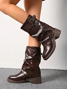 Women's New Square Buckle/metallic Buckle Pleated Mid-Calf Boots, Thick Sole Platform Bell Bottom Boots, Fall Retro Short Knight Boots, Y2K Style Fashion Shoes, Fashionable Boots