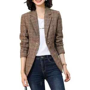 Women's Notch Lapel 2 Button Boyfriend Blazer Suit Houndstooth Plaid Jacket Coat