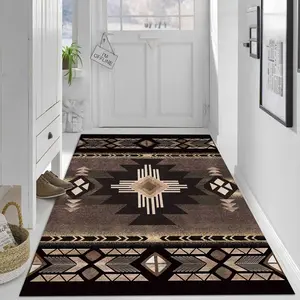 Velvet + 850g/m² + Anti-slip dotted base 1pc Retro Black and Gold Color Blocking, Tribal Geometric Sun Pattern Rug, Vintage design rug, Versatile Decorative Style, High-Definition Pattern Printing with Double Locking Edges, Boho Runner Rug
