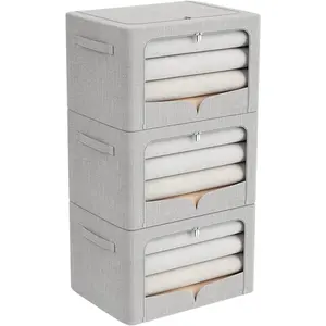 3 Pack Clothes Storage Bins Foldable Metal Frame Storage Box Stackable Linen Fabric Organizer Set with Carrying Handles and Clear Window (Light Gray, 15.7x11.8x7.8inch(22L))