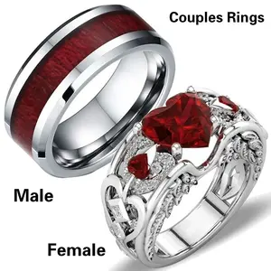 Elegant Couple's Rings Set - Stainless Steel Heart-Shaped Ruby Women's Ring & Smooth Men's Ring - Perfect Valentine's Day Gift for Boyfriend and Girlfriend