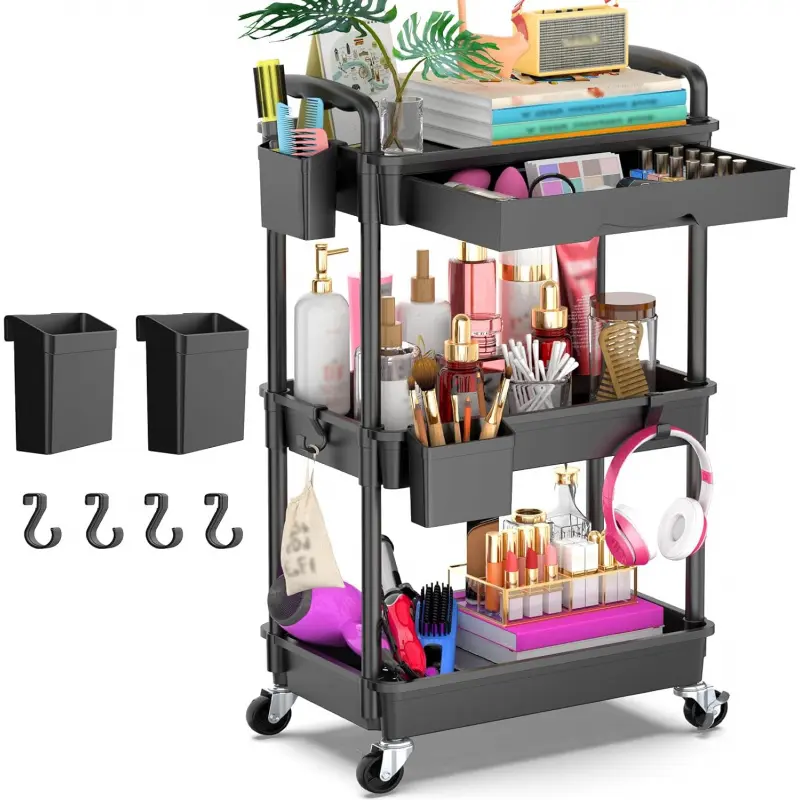 3-Layer Rolling Utility Cart Organizer with Removable Drawer, Adjustable Stable Black Storage Cart with 2 Lockable Wheels for Nursery Daily Organizer Storage, Indoor Recreation Use