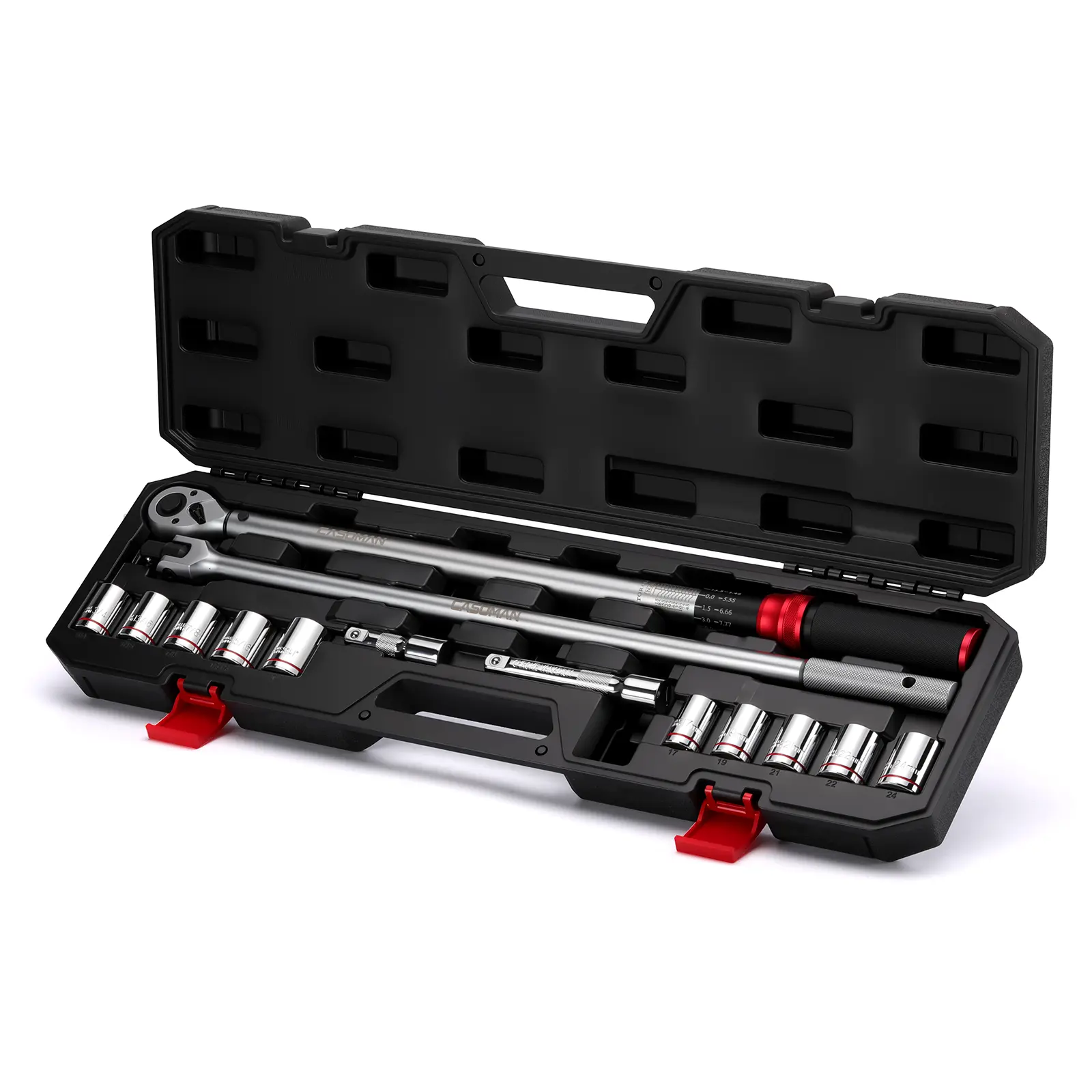 CASOMAN 14-Piece 1/2 Inch Quick Release Ratchet Torque Wrench Set - ±3% Accuracy, 72-Tooth Ratchet, Corrosion Resistant, 10 Socket Set, 180° Swivel Reach, Breaker Bar, Extensions, 22.2-244.2 FT-LB/30-330 Nm, Loud Click, for Automotive Tire Repair,toolupgr