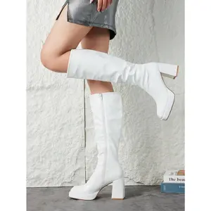 Women's Platform Knee High Boots Chunky Heel Boots GOGO Boots Square Toe Tall Boots Faux Leather Boots,Fashion,Side Zipper,Party Girl Shoe Footwear Onyx Flatform Bota