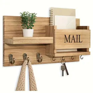 Rustic Brown Solid Wood Wall-Mounted Shelf & Storage Shelf with Key Holder - Multi-Functional Hanging Rack Suitable for Porch, Bedroom, Bathroom, Living Room - Assembly, Wood Decor for Hanging Keys, Towels, Utensils, Decorations, Floating Shelves