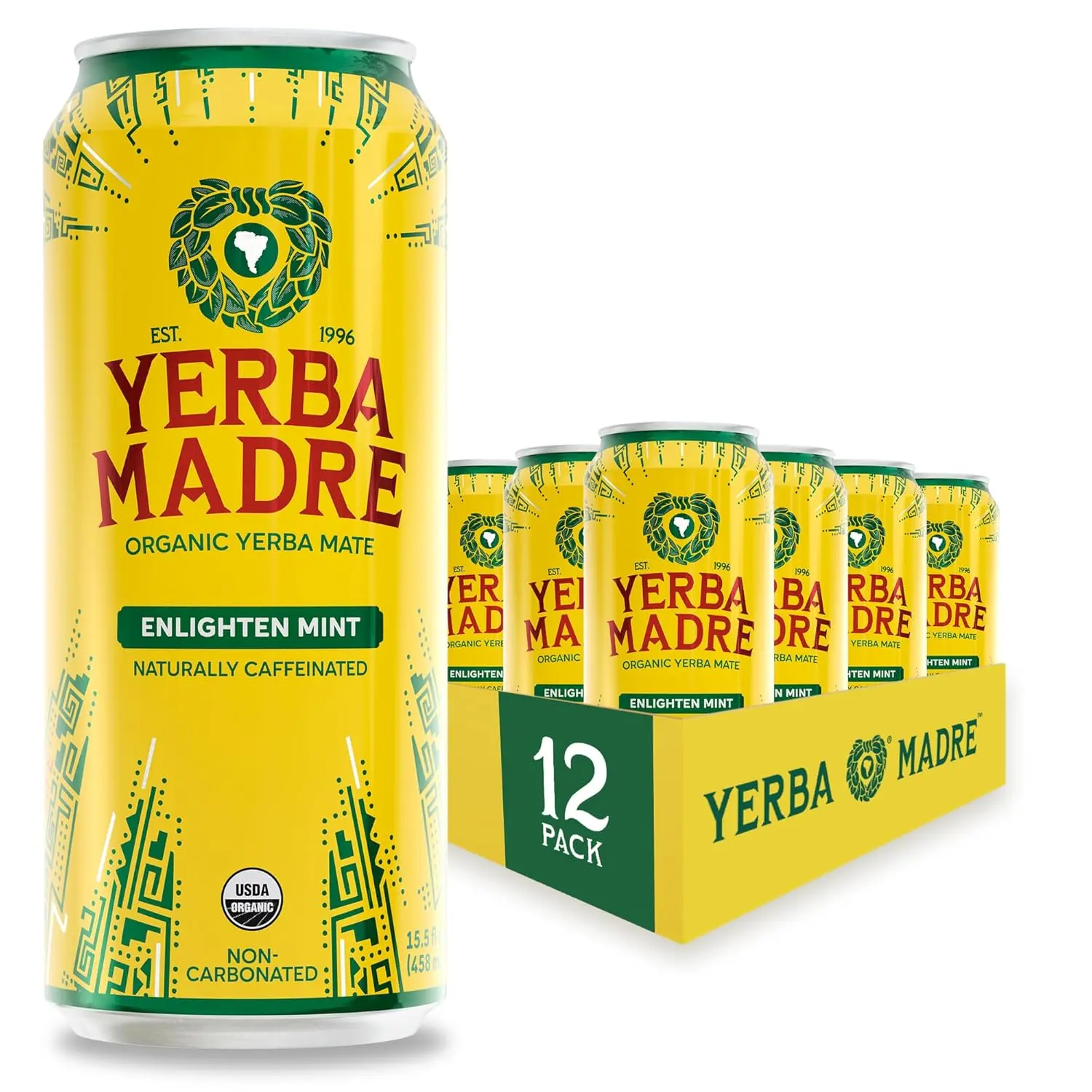 Yerba Madre Organic Yerba Mate, Enlighten Mint, 150mg Natural Caffeine, Energy Drink Alternative, No Jitters or Crash, 15.5 Oz Cans (Pack of 12)