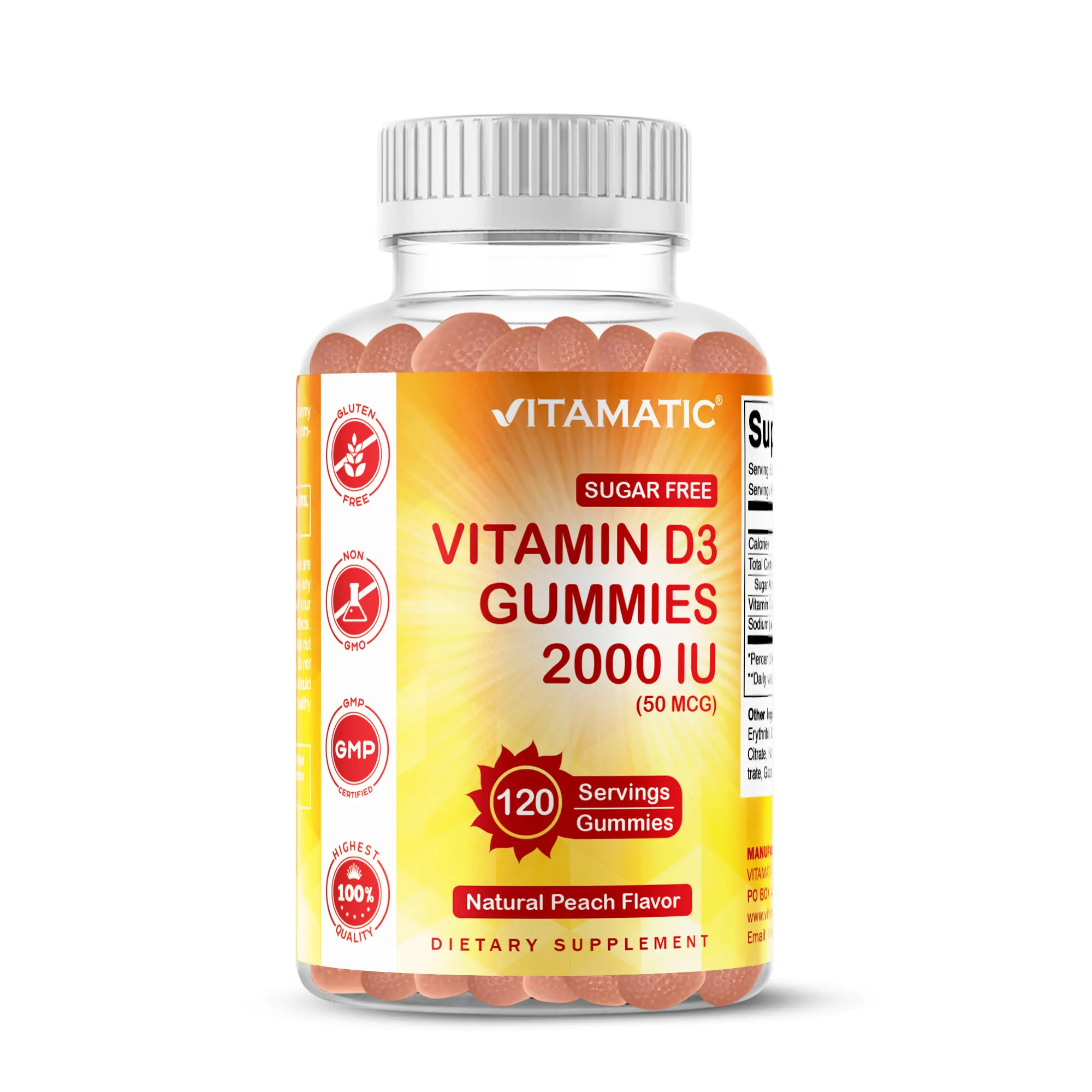 Vitamatic Sugar-Free Vitamin D3 2000 IU Chewable Pectin-Based Gummies, 120 Count, Natural Peach Flavor, All Natural Supplement, Edible Dietary Vitamin for Healthcare & Bone Health, Non-GMO, Gluten-Free