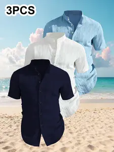 3-Pack Men's Summer Short Sleeve Shirts, Lightweight Breathable Solid Collar Button Shirt, Ideal for Beach Pool, Casual Wear