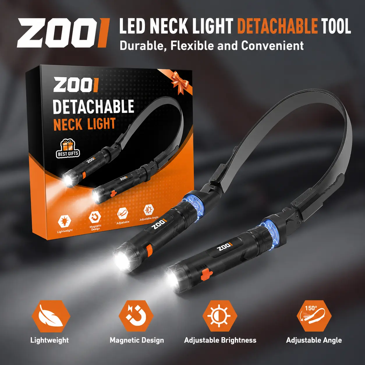 Magnetic Detachable Neck Light, Hands-Free LED Work Light for Mechanics, DIY & Garage, Portable Flashlight for Repair & Camping, Christmas Gifts for Men, Dad & Husband