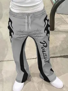 Men's Loose Fit 3D Flame Sun Geometric Print Bell Bottoms, Casual Sporty Activewear Streetwear Pants, Hip Hop Vintage Long Pants for All Seasons