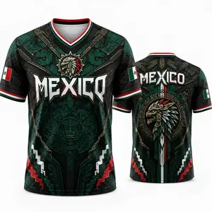 2026 New Mexico Eagle Warrior V-Neck Sports Jersey,Aztec Calendar Graphic Short Sleeve Shirt for Men, GreenBlack Soccer Fan Tee