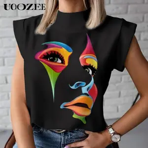UOOZEE Women's Casual Mock Neck T-Shirt, Loose Fit 3D Human Face Print Top with Cap Sleeves in Soft Comfortable Polyester Fabric