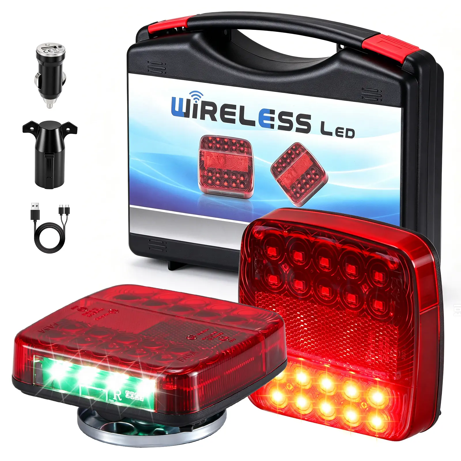 Magnetic Wireless Multi-Light LED Trailer Kit - Rechargeable PP+ABS, IP65, USB-C Fast Charging, 7-Pin Plug, Tail Stop Turn Signal License Plate Lights for 12V RVs, Trucks, Led Lights