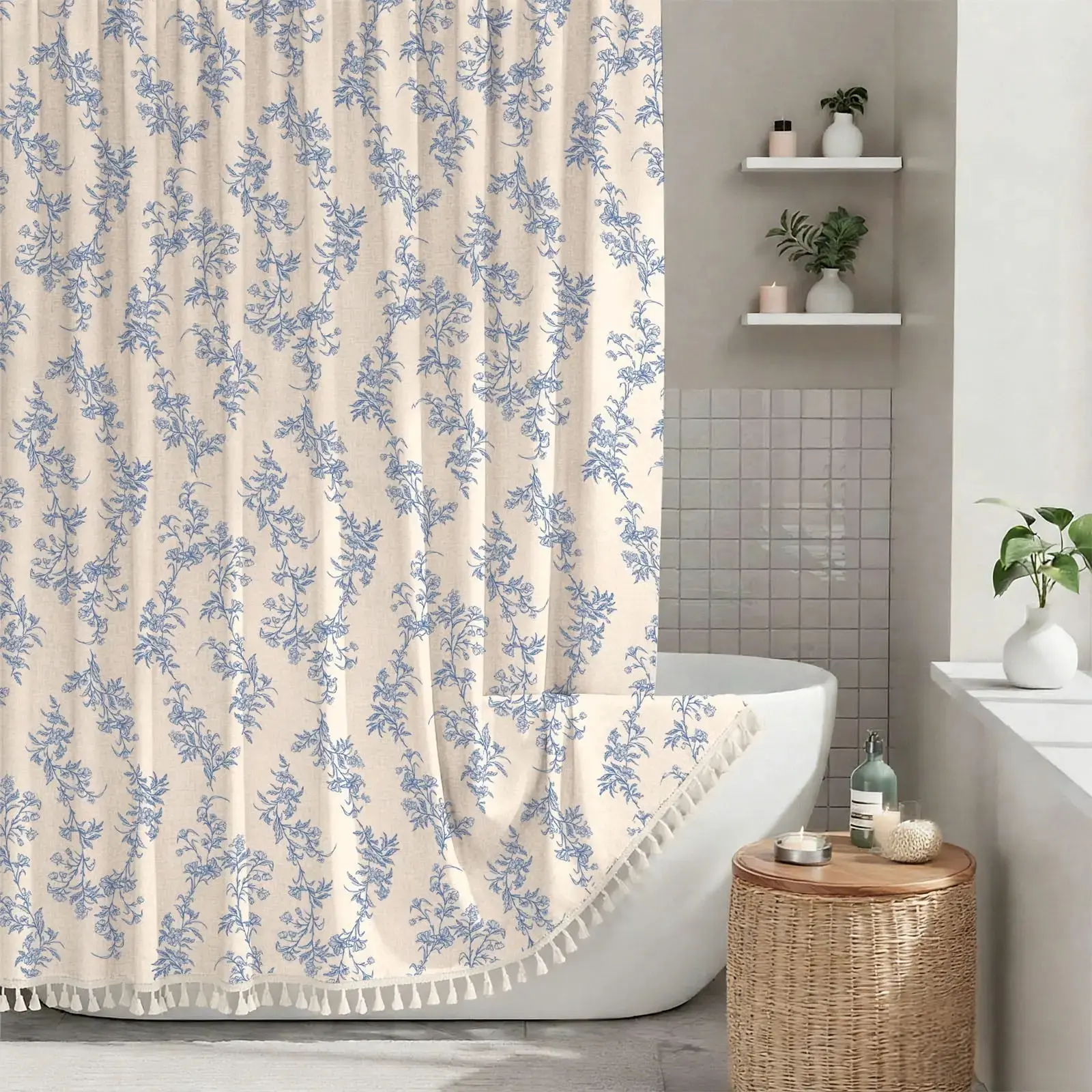 Floral Plant Shower Curtain Set with Tassels & Hooks - Heavy-Duty Faux Cotton Linen, Plastic Washable, Cottagecore Boho Vintage Rustic Home Bathroom Accessory for Whimsical Home Decor 72*72inch
