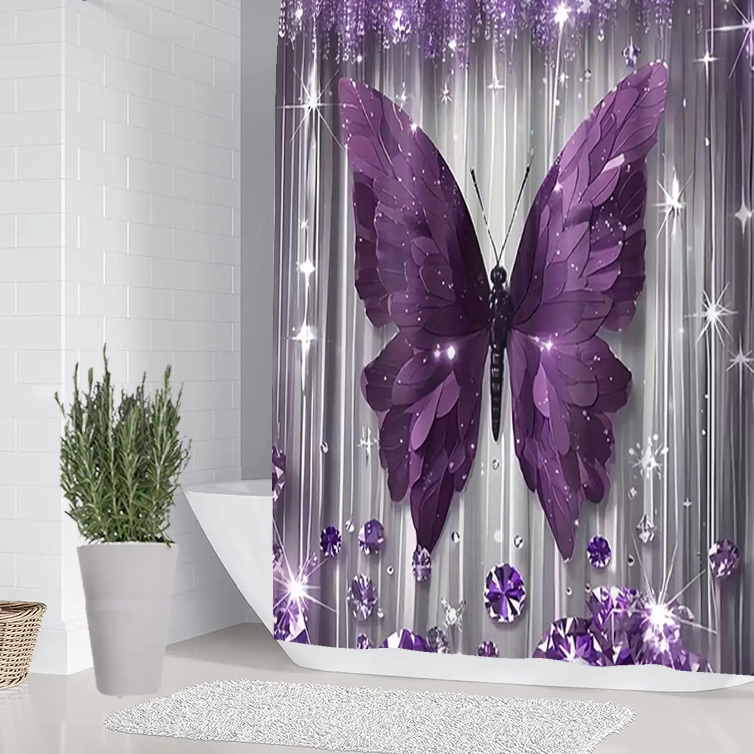 1/4 piece Purple Butterfly Bathroom Set, Shower Curtain Sets, including soft floor mats, toilet seat cushions, shower curtains, to create home decor, the floor mats rebound well, absorb water, prevent slipping, Bathroom Accessory