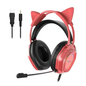 Wantek V10 Cat Ear Style Gaming Headset with comfortable fit and vibrant RGB lighting, Hi-Fi Sound - Black