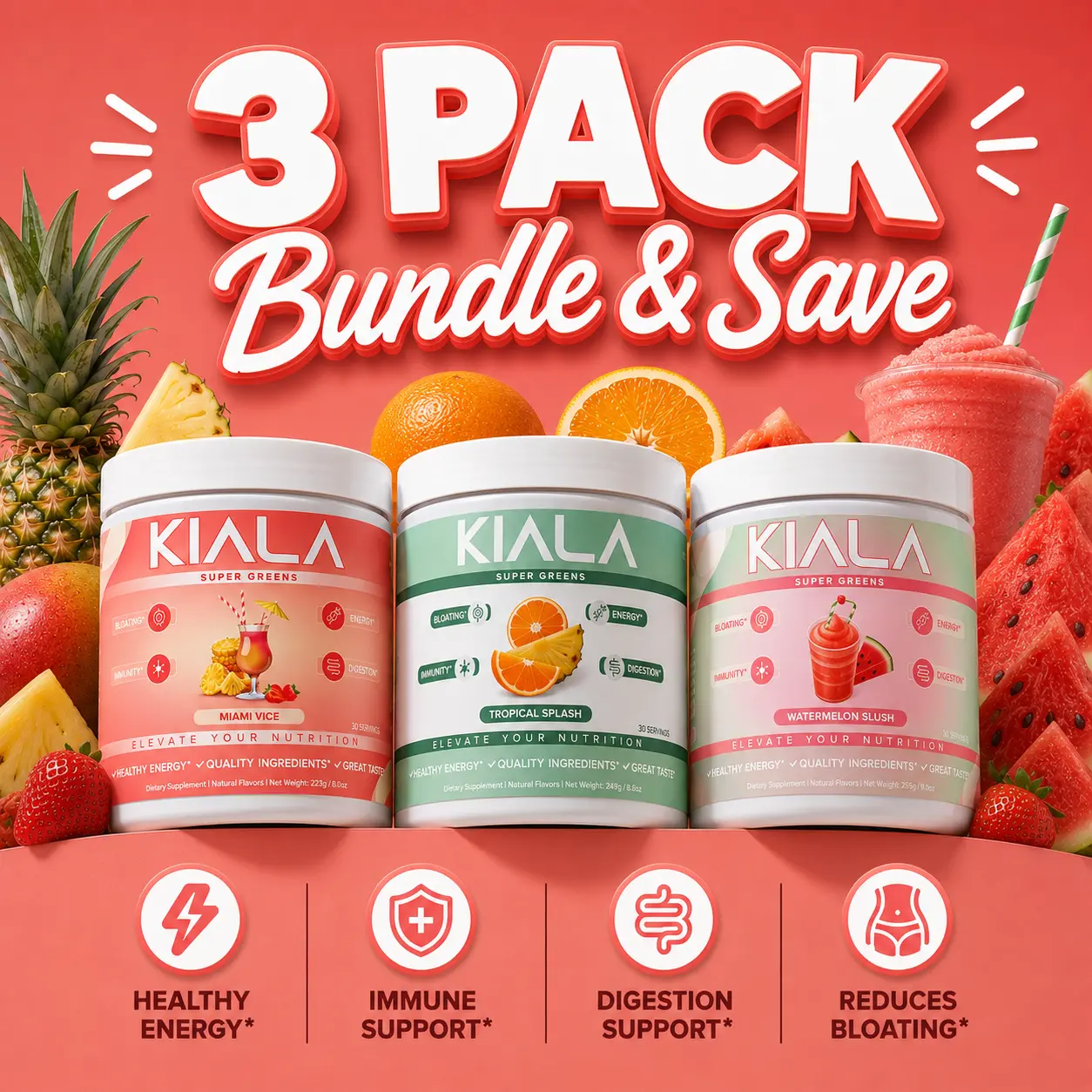 Kiala Super Greens Best Seller 3-Pack | Miami Vice, Tropical Splash & Watermelon Slush | 90 Servings Total | Best selling flavors Kiala Super Greens Best Seller 3-Pack | Miami Vice, Tropical Splash & Watermelon Slush | 90 Servings Total | Best selling flavors