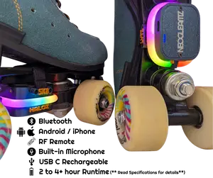 Neogleamz SK8Lytz HALOZ Rechargeable Bluetooth Music ARGB LED Quad Roller Skate Lights with 100+ Modes & 20+ Music Modes App Enabled USB C Charging 2-6+ Hours Battery Lif