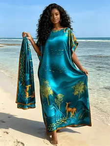 Two-Piece Teal Blue Golden Deer Landscape Print Kaftan Dress for Women, Plus Size Muslim Abaya with Matching Scarf, Loose Batwing Sleeve Maxi Caftan, Modest Beach Cover Up, Dubai Style Islamic Robe for Vacation, Eid & Casual Loungewear