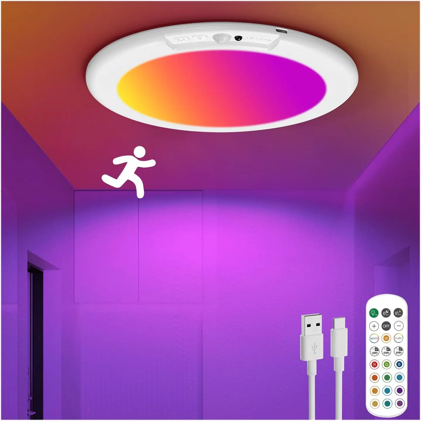 Rechargeable Motion Sensor LED Kitchen Ceiling Light with Remote Control - Wireless Type-C Charge, 0.55 Inch Thin Profile Magnetic Base, 13 Colors, 3 Modes, 0.6 lb, 4000mAh, 500 Lumens, 4-6 Hr Runtime, 7.5*7.5in, 16-26 Ft Range, for Closet, Loft,familyfun