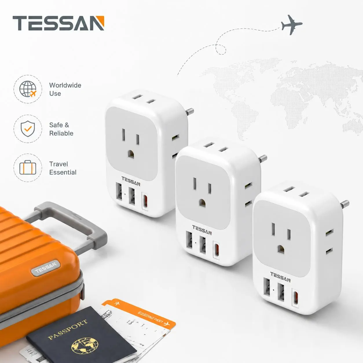 3 Pack TESSAN European Travel Plug Adapter USB C , PD 20W US to Europe Plug Adapter with 4 AC Outlets 3 USB Ports, Type C Power Adaptor for USA to EU Euro Spain France Iceland Italy Germany Greece Smartphone Cellphone Charging Portable