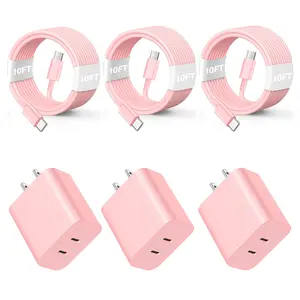 iPhone 15 16 Charger, 3 Pack Pink Dual USB C Charger Block 20W USB-C Power Adapter Wall Plug Cube Double C Port Charging Brick for iPhone 16 15 Pro Max Plus,iPad Pro with 3X FT Type-C Cable