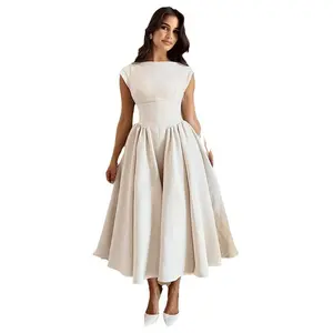 Elegant Women's Apricot Beige Check Crewneck Dress  Casual High Waist Pleated Backless Hollow Beach Evening Long Dress for Formal Wear Womenswear Basic