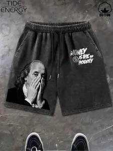 Men's Benjamin Franklin Money Print Fitted Printed Shorts, Y2K Street Style Cotton Menswear Shorts, Vintage Look Casual Pants for Daily Wear & Street Fashion