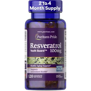 Puritan's Pride Premium Resveratrol Youth Guard™ 100mg, Dietary Supplement for Immune System, Antioxidant, Sugar Metabolism, Blood Flow, and Vascular Function Support, 120 Rapid Release Softgels