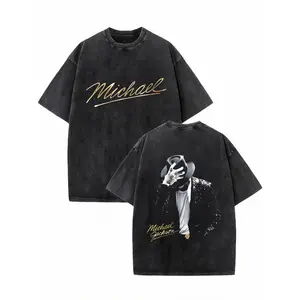 Washed T-shirt,100% cotton, featuring Michael Jackson's iconic signature and classic pose patterns. Suitable for summer streetwear. Retro street style for Men and Women . #Michael Jackson# #Jafar Jackson# #Biography Film# #Musical Legend#