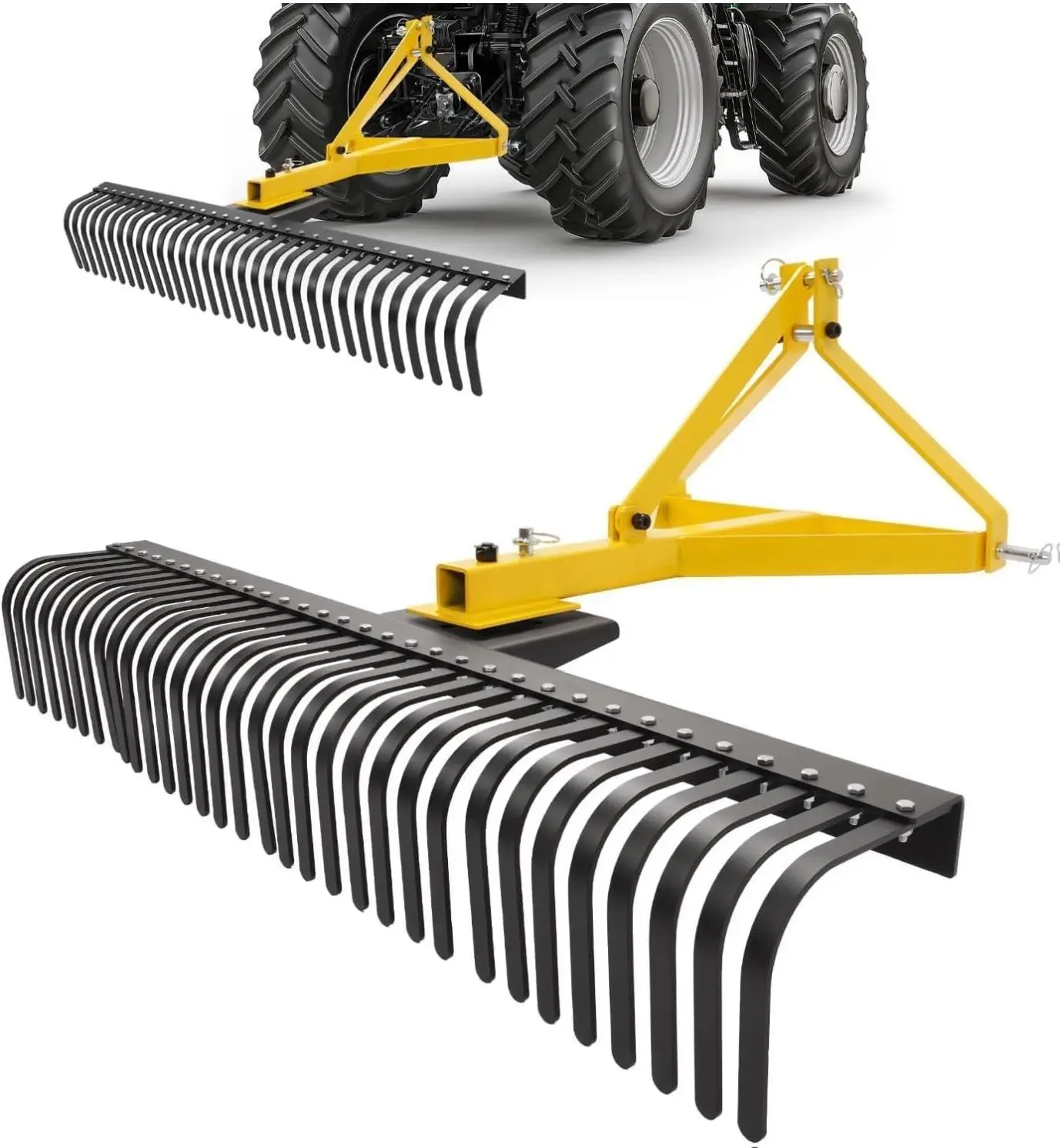 60In Landscape Rake, 3 Point Rake, 360 Rotation Compatible with Category 1, Cat1 Tractors Tow-Behind Garden Tool for Garden, Farm, Clearing Brush, Raking Arenas 2 Package Yellow