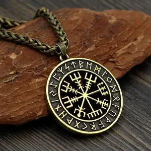 Nordic Viking Runavin Odin Logo Compass Pendant Necklace Hipster Jewelry Long