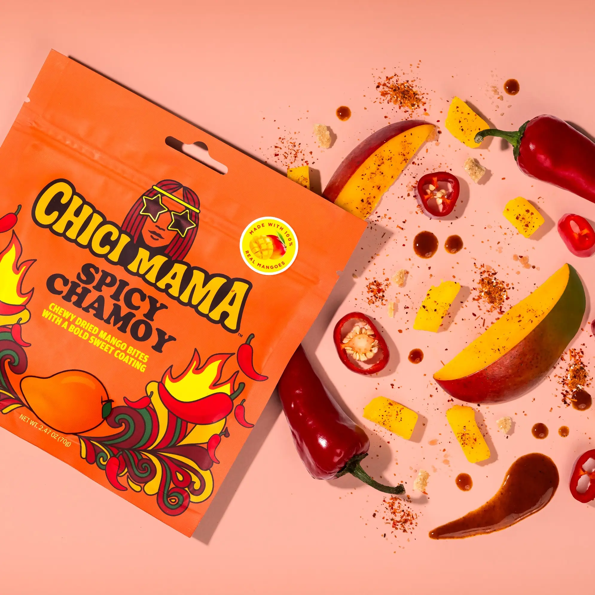 Chici Mama Chewy Spicy Chamoy Dried Mango Snack - 100% Real Dried Fruits, Savory Sweet & Spicy Healthier Choice Novelty Treat, Chews Fruit & Chewy Snack, Sweet & Spicy Novelty, Unique Savory