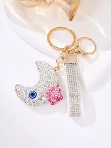 Fashionable Soft Clay Keychain with Rhinestones, Moon Devil Eye Design, Champagne Color Fish Car Charm, Cute Gift for Couples