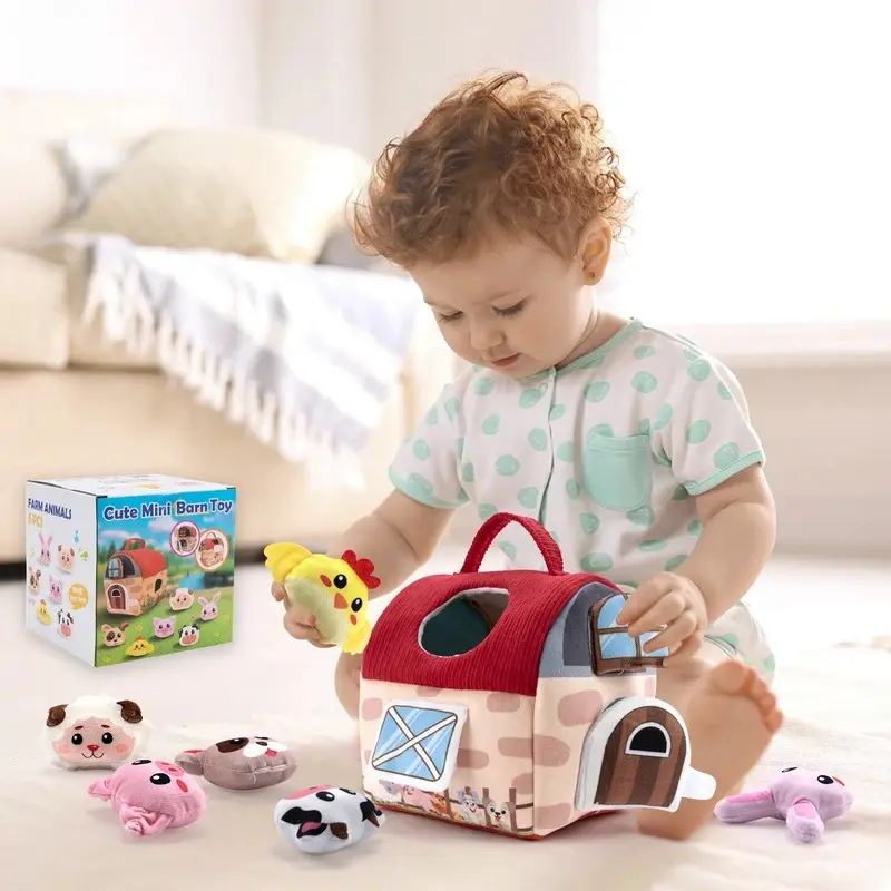 Baby Soft Plush Animals Farm Simulated Farm Animals House Set with Sound Animals Cognition Hand-eye Coordination Training Toys