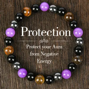 1pc Natural Tiger Eye & Amethyst Beaded Bracelet, Elastic Protection Crystal Bracelet For Men And Women, Unscented Solid Jewelry Gift