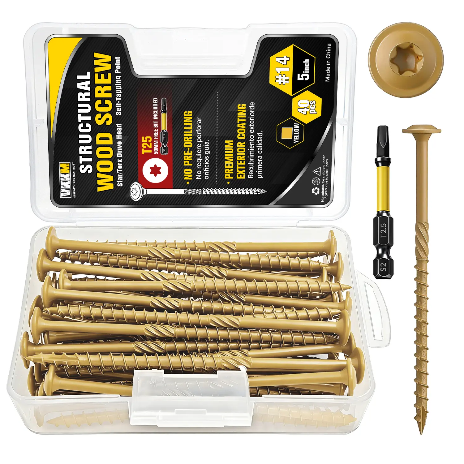 VKKM #14 x 5in Carbon Steel Lag Screws, 40 Heavy-Duty Structural Wood Screws for Carpenters, T30 Star Drive Double-Layer Anti-Rust Coated Bolts (1000-Hour Salt Spray Test) with Free T30 Bit for Deck Framing, Fence Assembly
