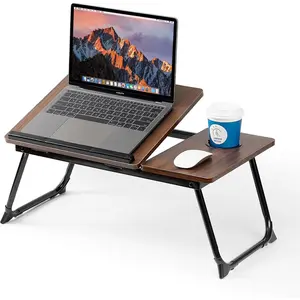 Adjustable Foldable Laptop Desk for Bed Couch, Portable Lap Desk with Cup Holder, Breakfast Serving Tray for Working Reading Writing Eating Gaming on Bed Sofa Floor (DarkWalnut)