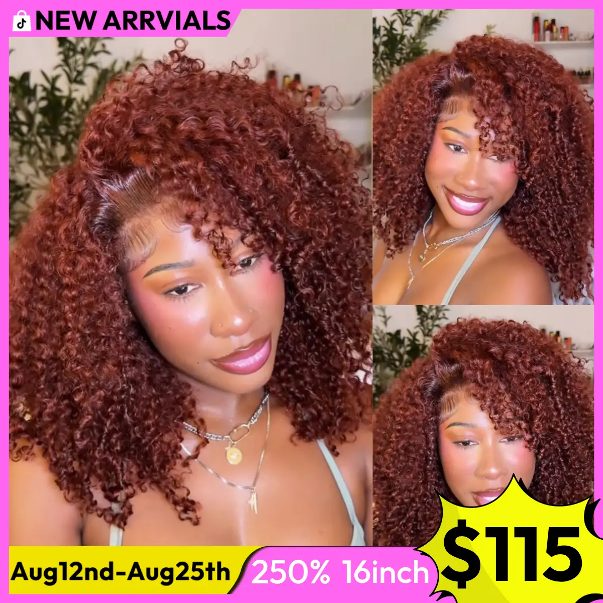 UNice 250% Density Reddish Brown Fluffy Afro Kinky Curly with Layered Finger Coil Ends Glueless 7x5 HD Lace Closure Human Hair Wigs No Slip Beginner-Friendly Natural Looking Summer Wig SummerArrvials #SoHoChic #TikTokShopBackToSchool