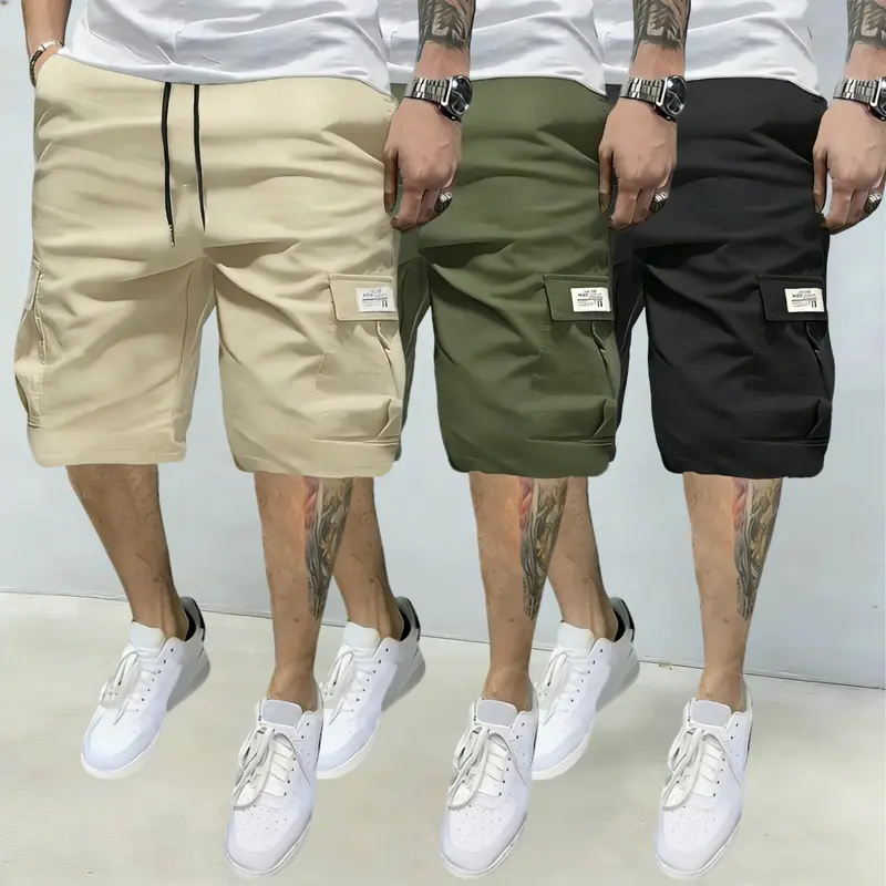 Men’s 3-Pack Textured Woven Fabric Cargo Shorts - Loose Fit, Multi-Pocket, Mid-Length, Daily Casual Athletic Bottoms, Men's Clothing