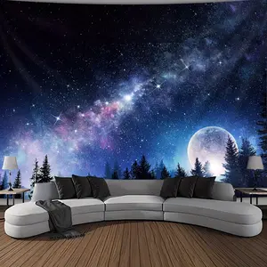 One large-sized printed tapestry of starry sky, moon and Milky Way night scene, made of polyester fiber, suitable as a birthday gift, room decoration, party decoration, suitable for living room, bedroom and dormitory, comes with free hanger