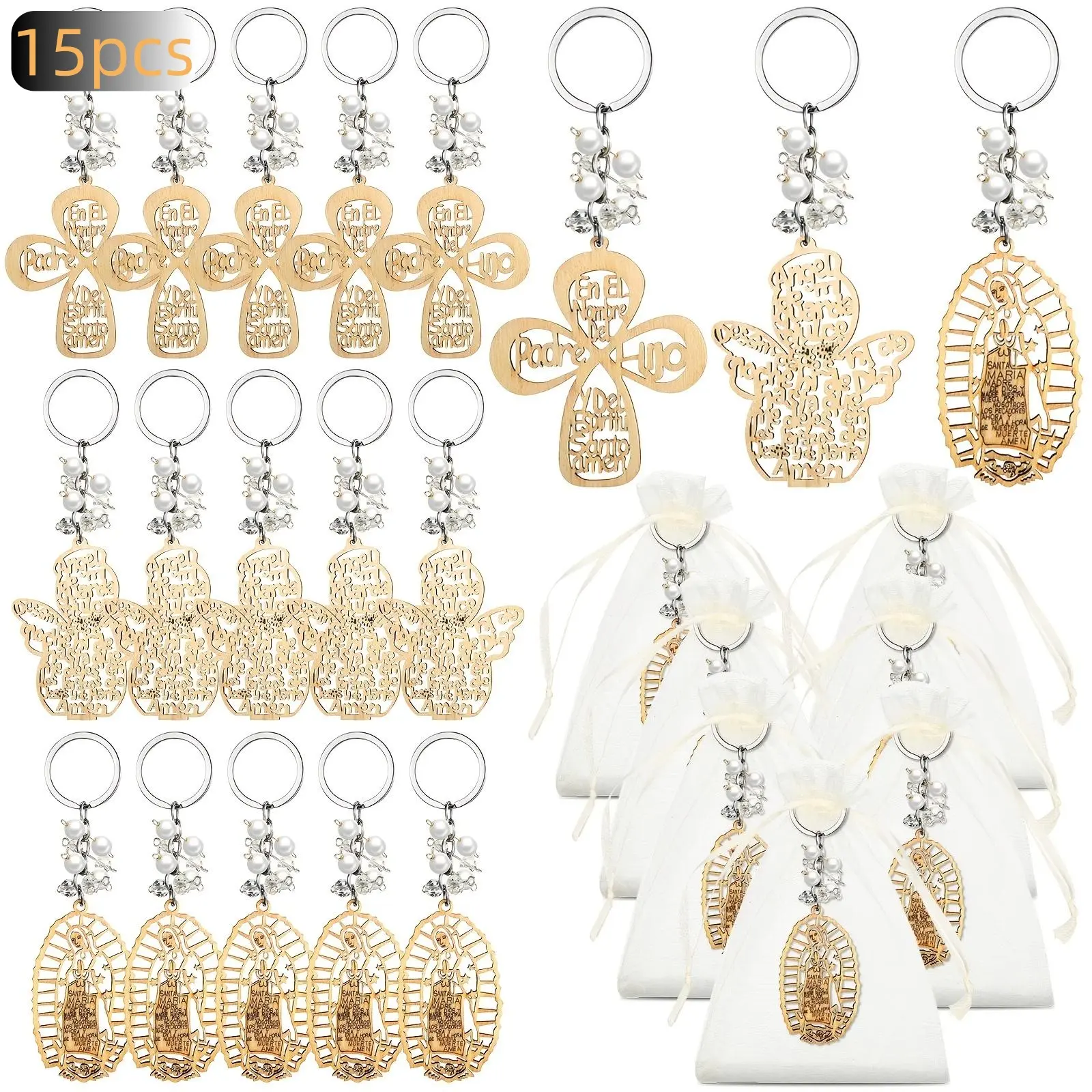 15pcs Wooden Cross Keychains with White Organza Bags - Baptism Gift Ideas, Religious Motif Bautizo Party Favors, Cross Shape, With Organza Bag, Alloy Metal, Unisex, Baptism Party, Unisex Gift, 15 Pc, No, Multipack, Without A Keyring, Key Holders